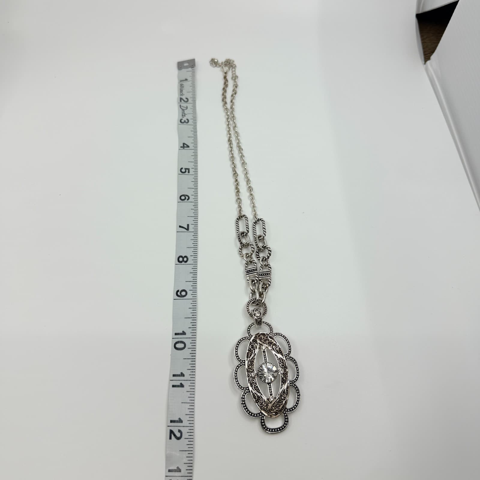 VTG Silver Tone Filigree Pendant Necklace Rhinestone Textured Link Chain Western - Thumbnail 7
