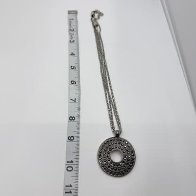 Vintage Silver Tone Marcasite Color Rhinestone Open Circle Pendant Necklace 90s - Thumbnail 7