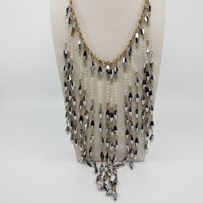 Vintage Silver Tone Cascading Bib Necklace Faceted Bicone Beads Statement Fringe - Thumbnail 5