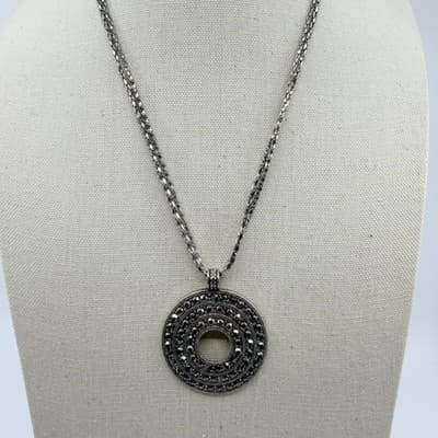 Vintage Silver Tone Marcasite Color Rhinestone Open Circle Pendant Necklace 90s - Thumbnail 3