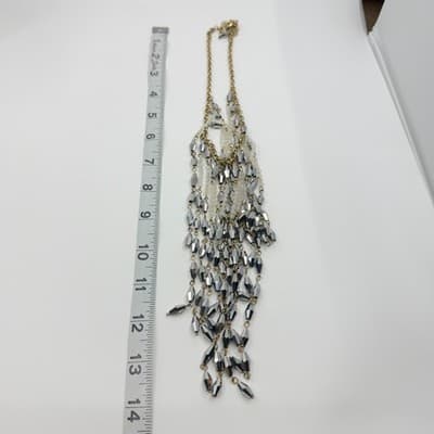 Vintage Silver Tone Cascading Bib Necklace Faceted Bicone Beads Statement Fringe - Thumbnail 9