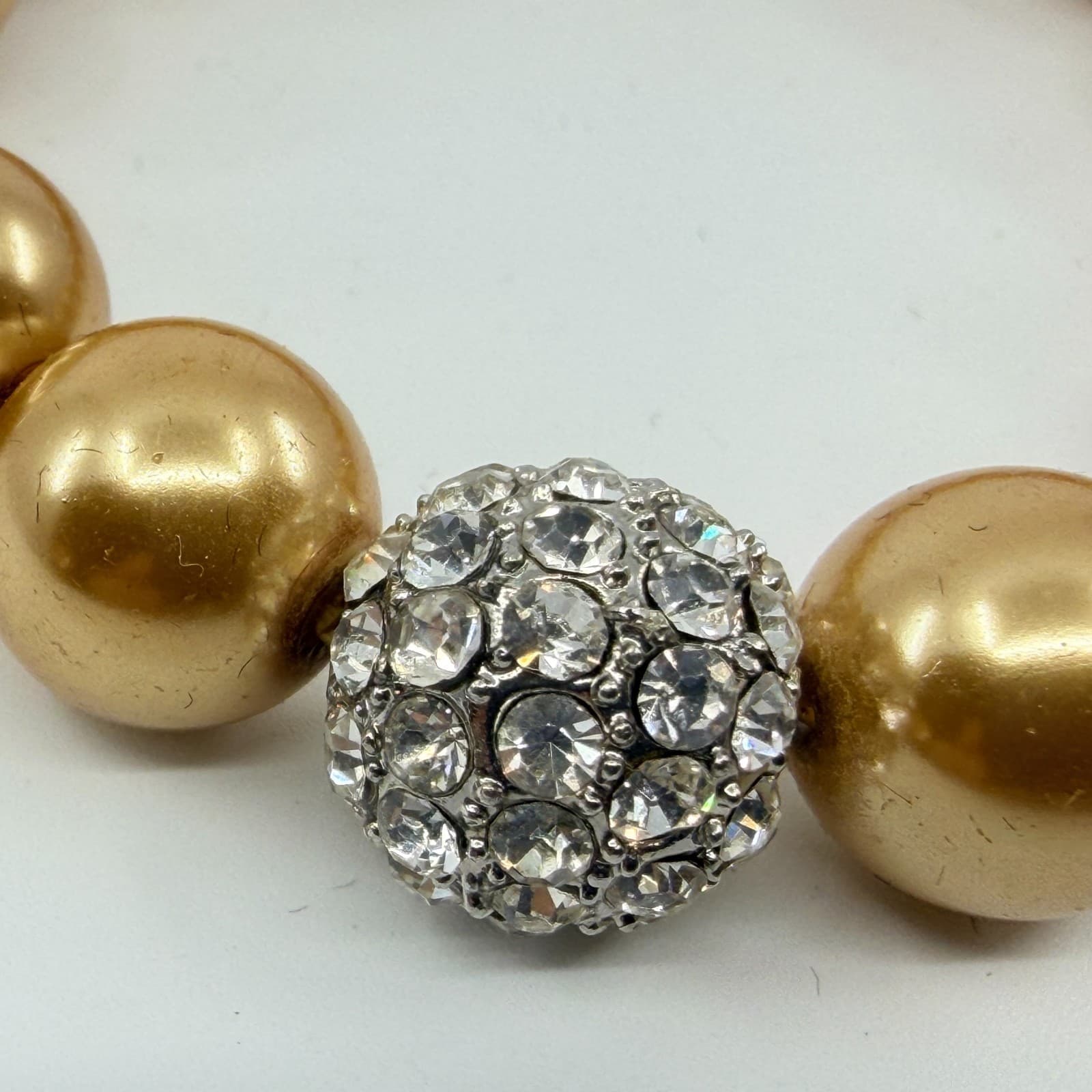 Vintage Gold Tone Faux Pearl Stretch Bracelet Rhinestone Disco Ball Bead Chunky - Thumbnail 4
