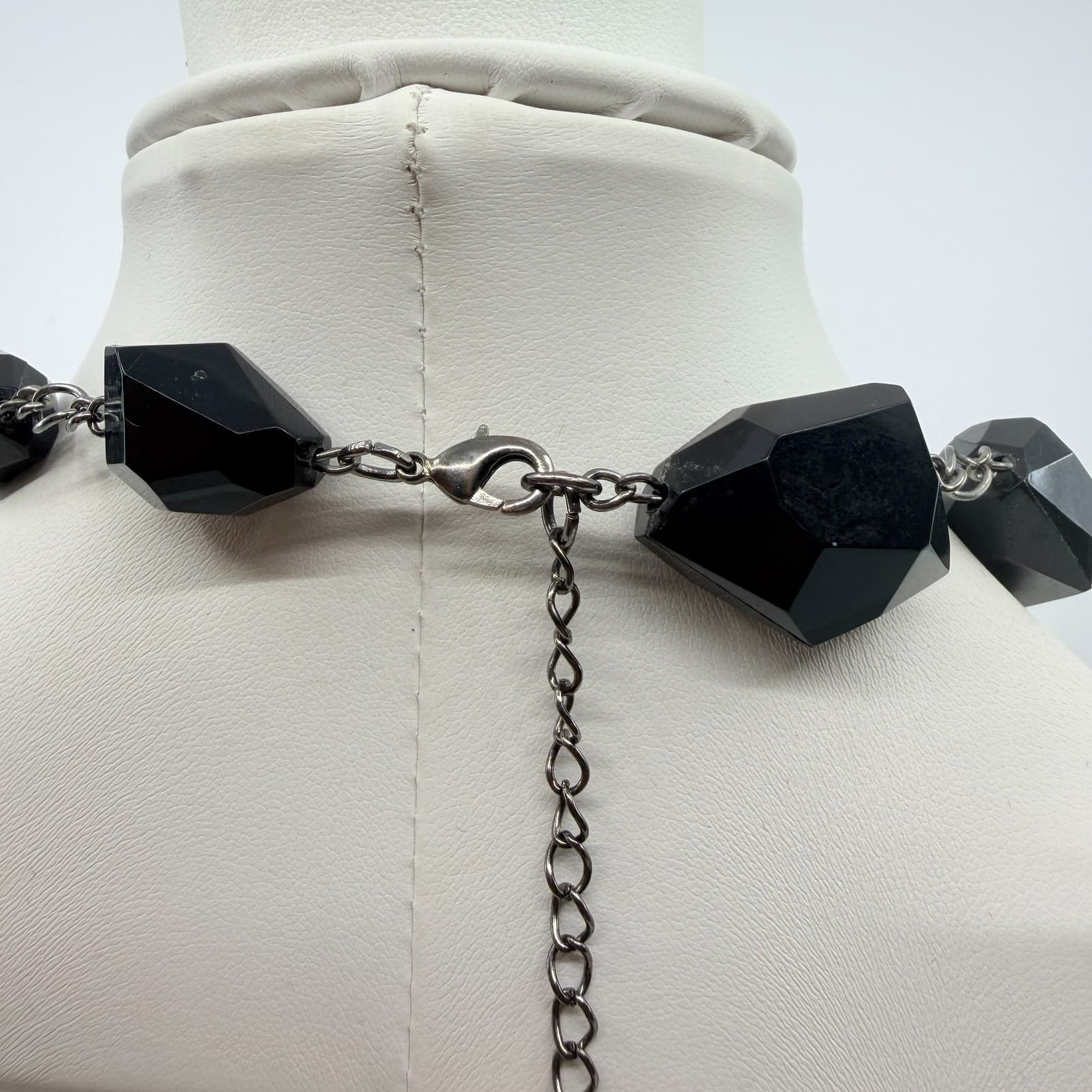 VTG Gunmetal Tone Black Onyx Color Necklace Faceted Chunky Nugget Bead Statement - Thumbnail 4