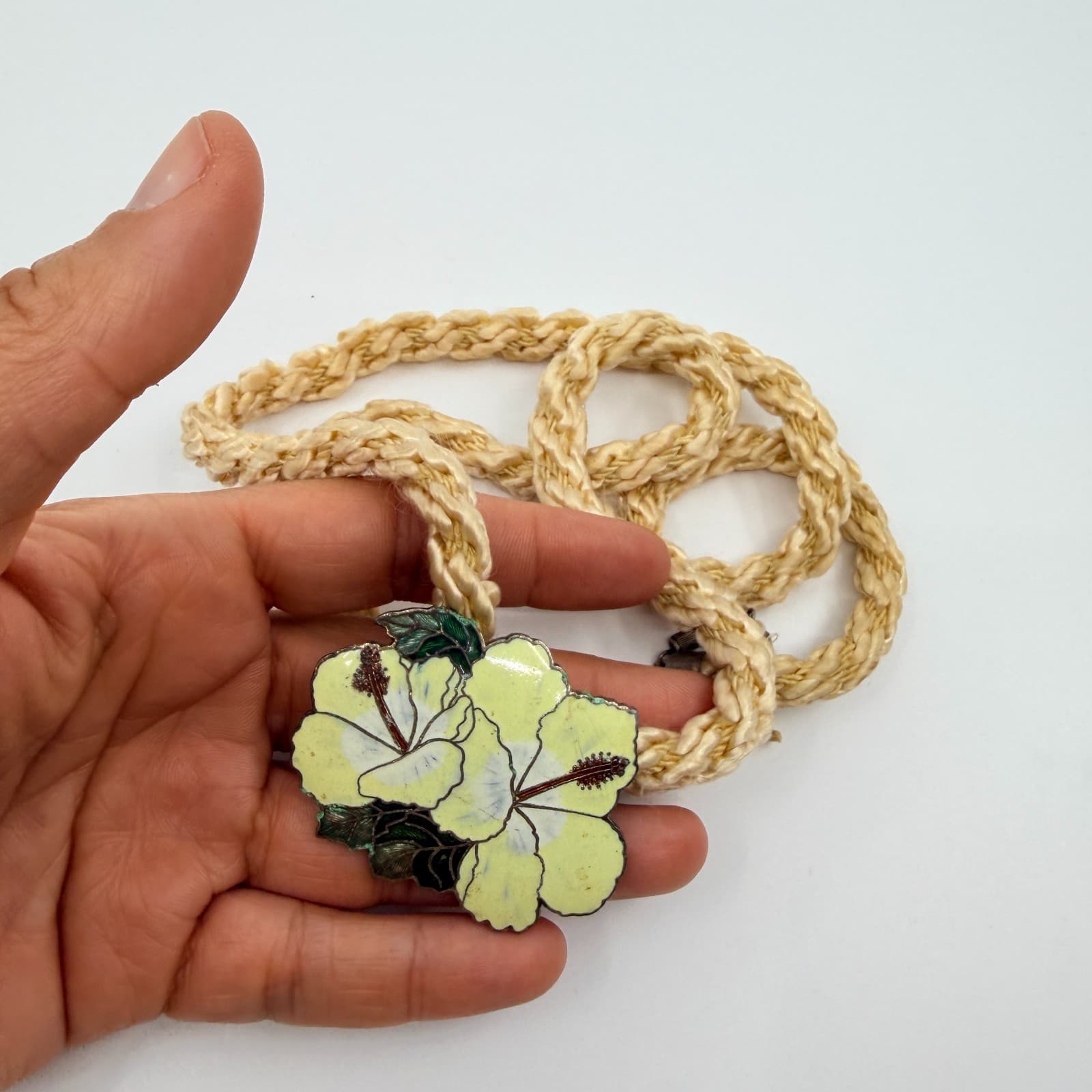 Vintage Cloisonne Enamel Flower Necklace Hibiscus Pendant Satin Silk Cord Boho - Thumbnail 6