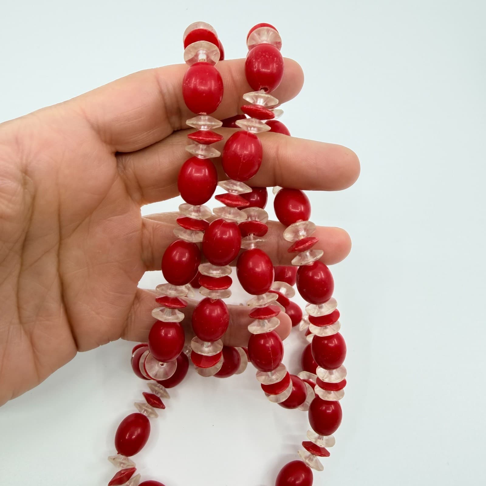 Vintage Long Coral Color Bead Necklace Red Oval Spacer Strand Opera Flapper Boho - Thumbnail 8