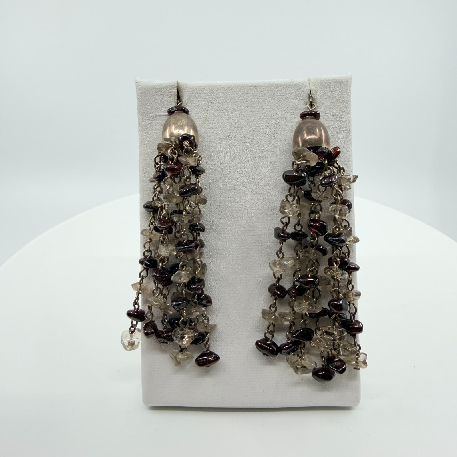 Vintage Silver Tone Chandelier Tassel Earrings Garnet Color Smoky Chip Dangle - Thumbnail 4