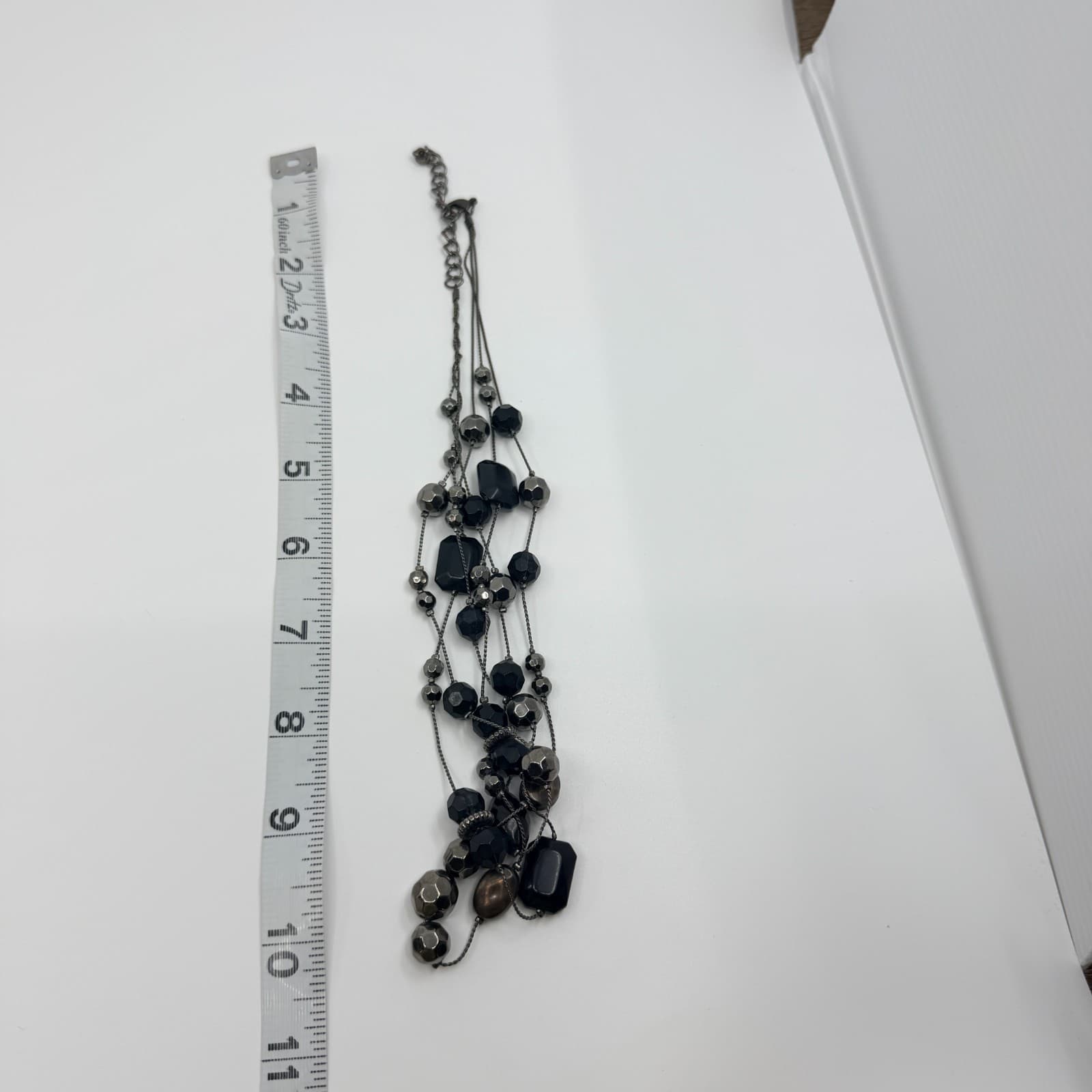 Vintage Gunmetal Tone Layered Necklace Multi Strand Black Onyx Color Bead Boho - Thumbnail 9