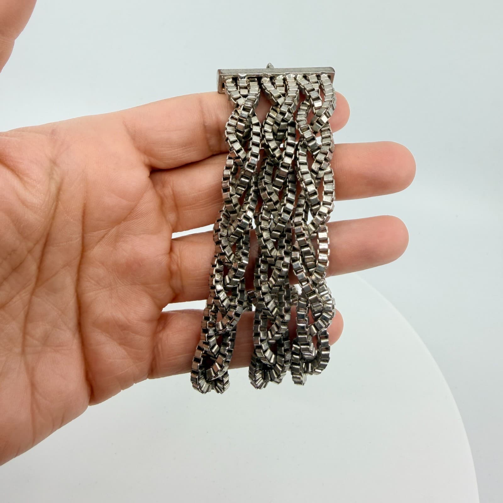 Vintage Y2K Silver Tone Multi Strand Braided Box Chain Chunky Statement Bracelet - Thumbnail 9