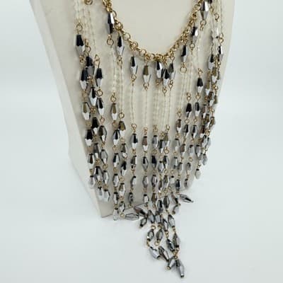 Vintage Silver Tone Cascading Bib Necklace Faceted Bicone Beads Statement Fringe - Thumbnail 6