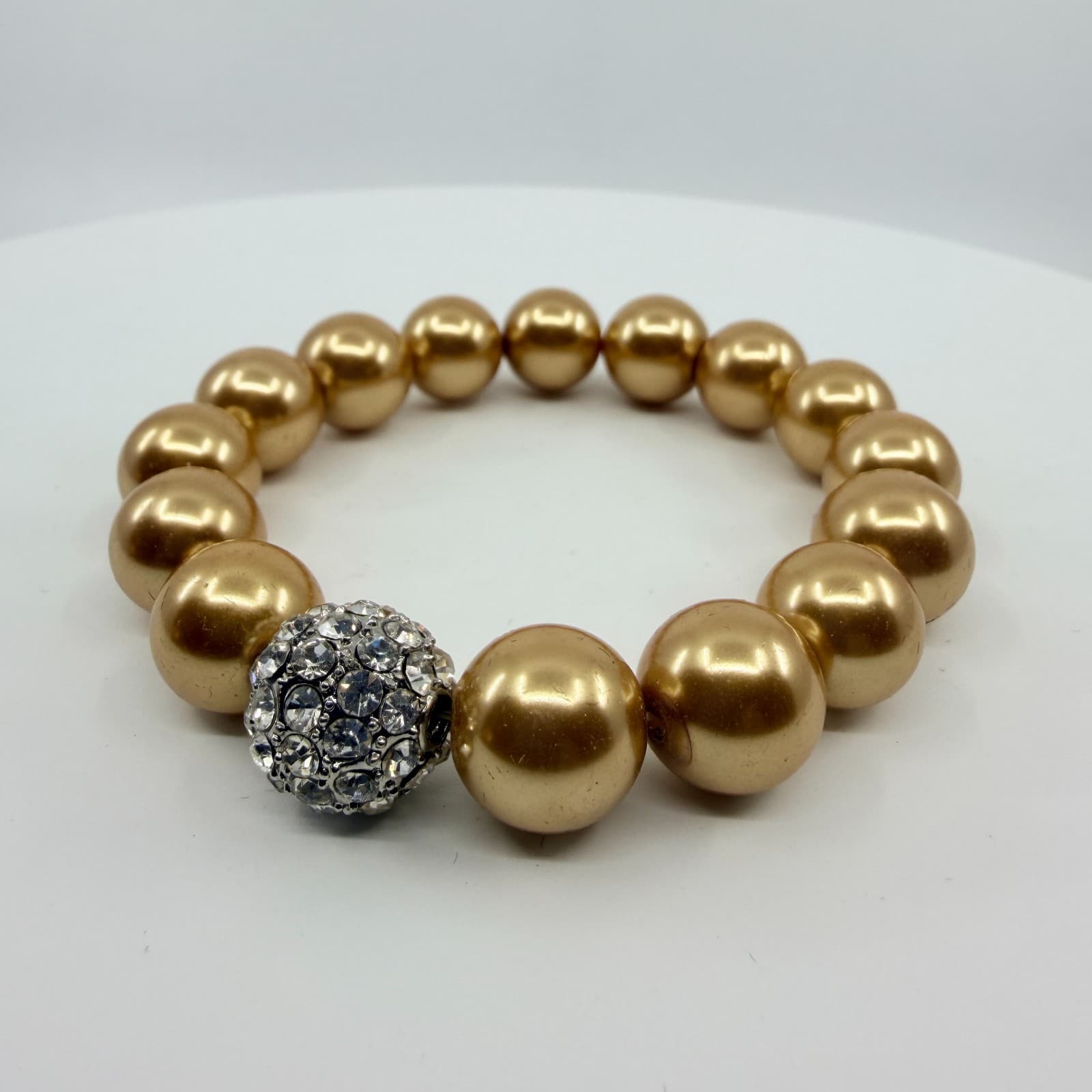 Vintage Gold Tone Faux Pearl Stretch Bracelet Rhinestone Disco Ball Bead Chunky - Thumbnail 2