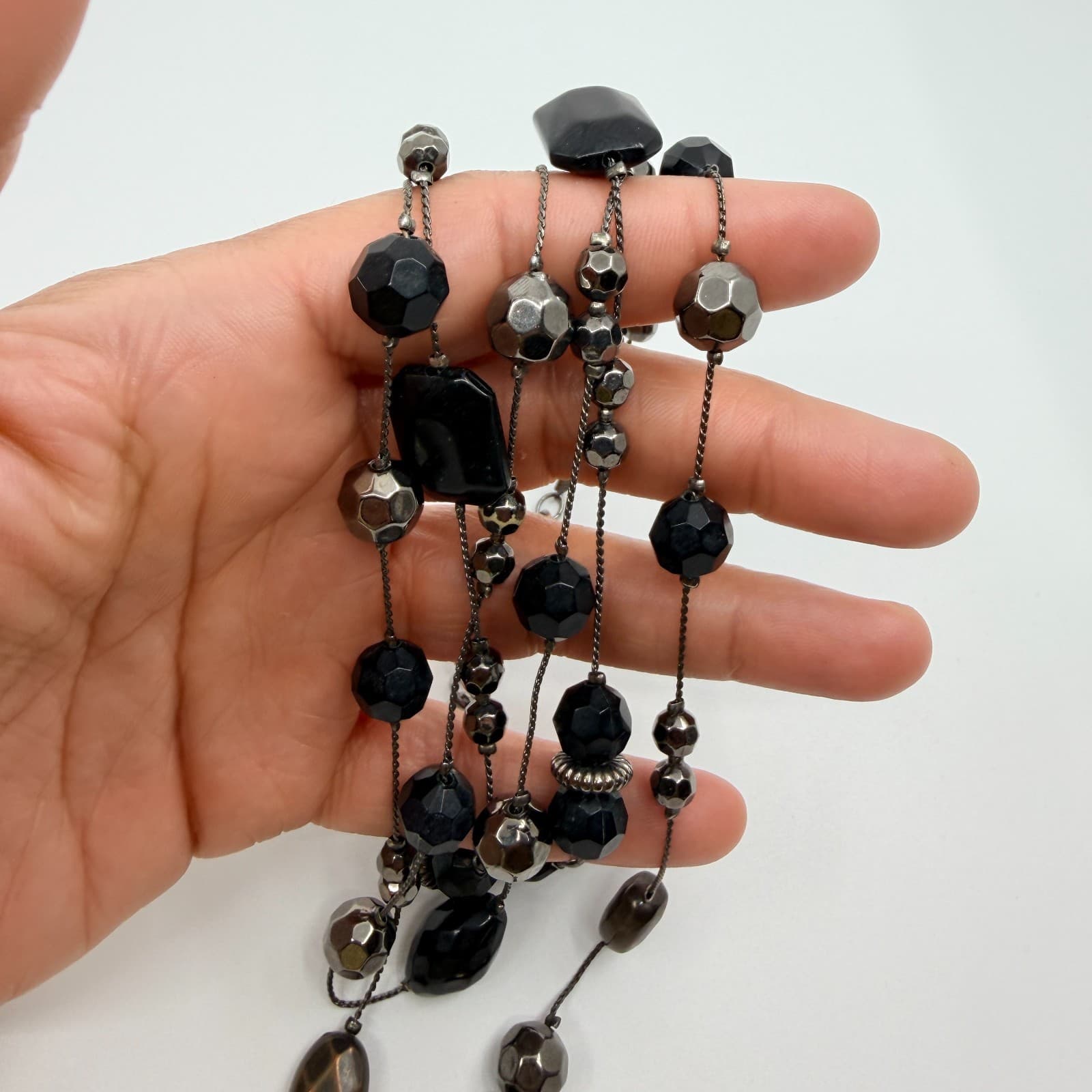 Vintage Gunmetal Tone Layered Necklace Multi Strand Black Onyx Color Bead Boho - Thumbnail 8