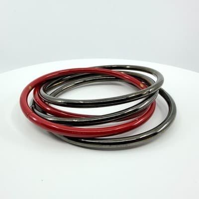Vintage Gunmetal Red Enamel Bangle Bracelet Set Interlocking Stackable Retro 90S