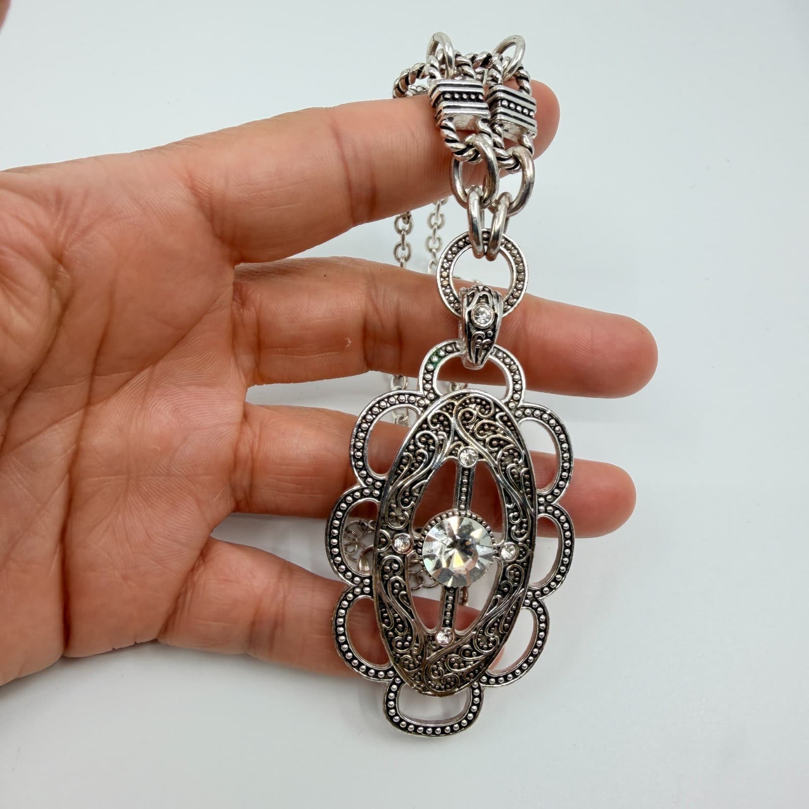 VTG Silver Tone Filigree Pendant Necklace Rhinestone Textured Link Chain Western - Thumbnail 6