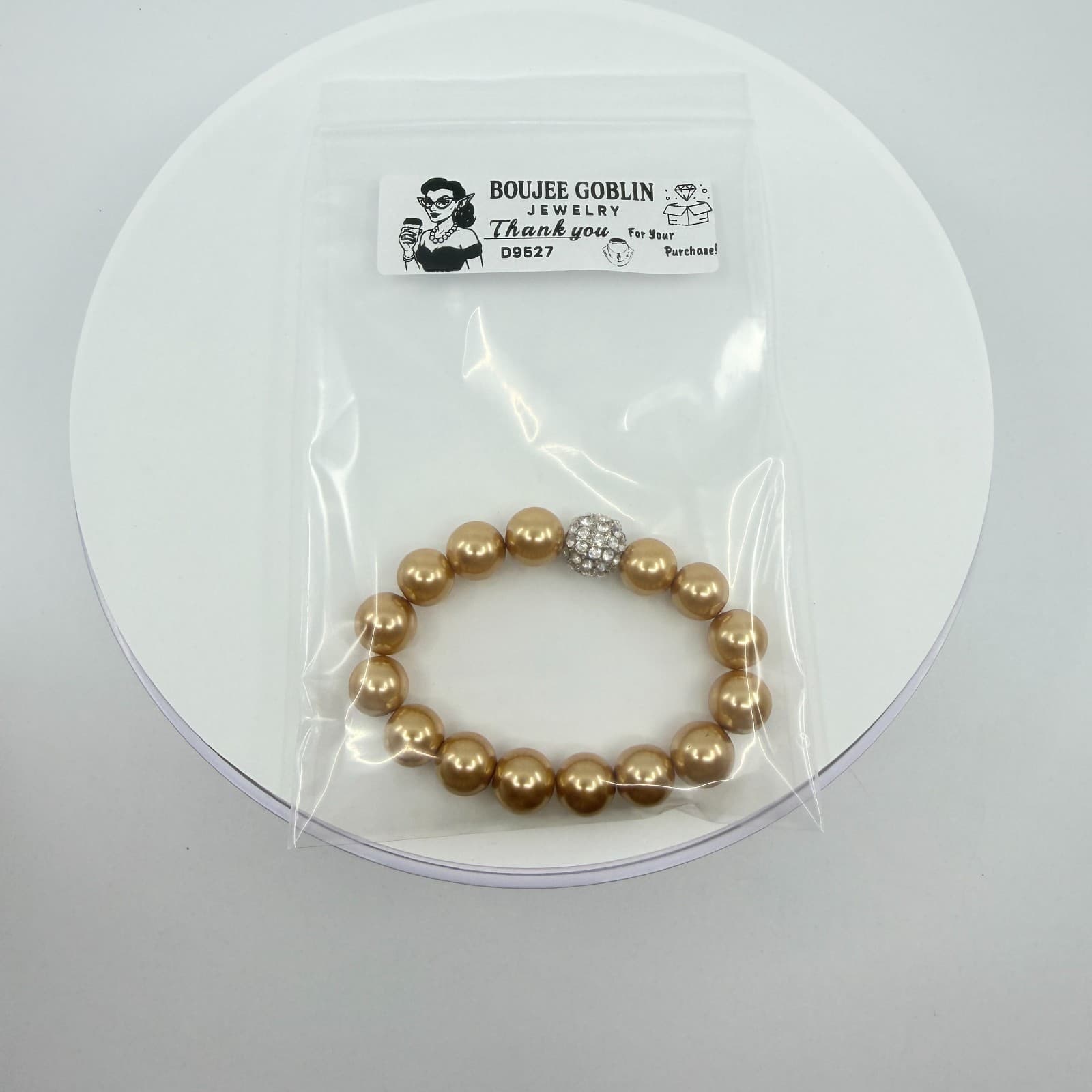 Vintage Gold Tone Faux Pearl Stretch Bracelet Rhinestone Disco Ball Bead Chunky - Thumbnail 10