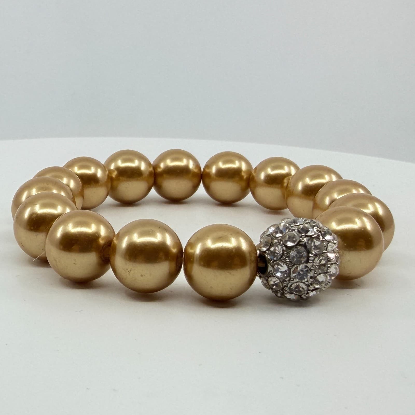 Vintage Gold Tone Faux Pearl Stretch Bracelet Rhinestone Disco Ball Bead Chunky - Thumbnail 7