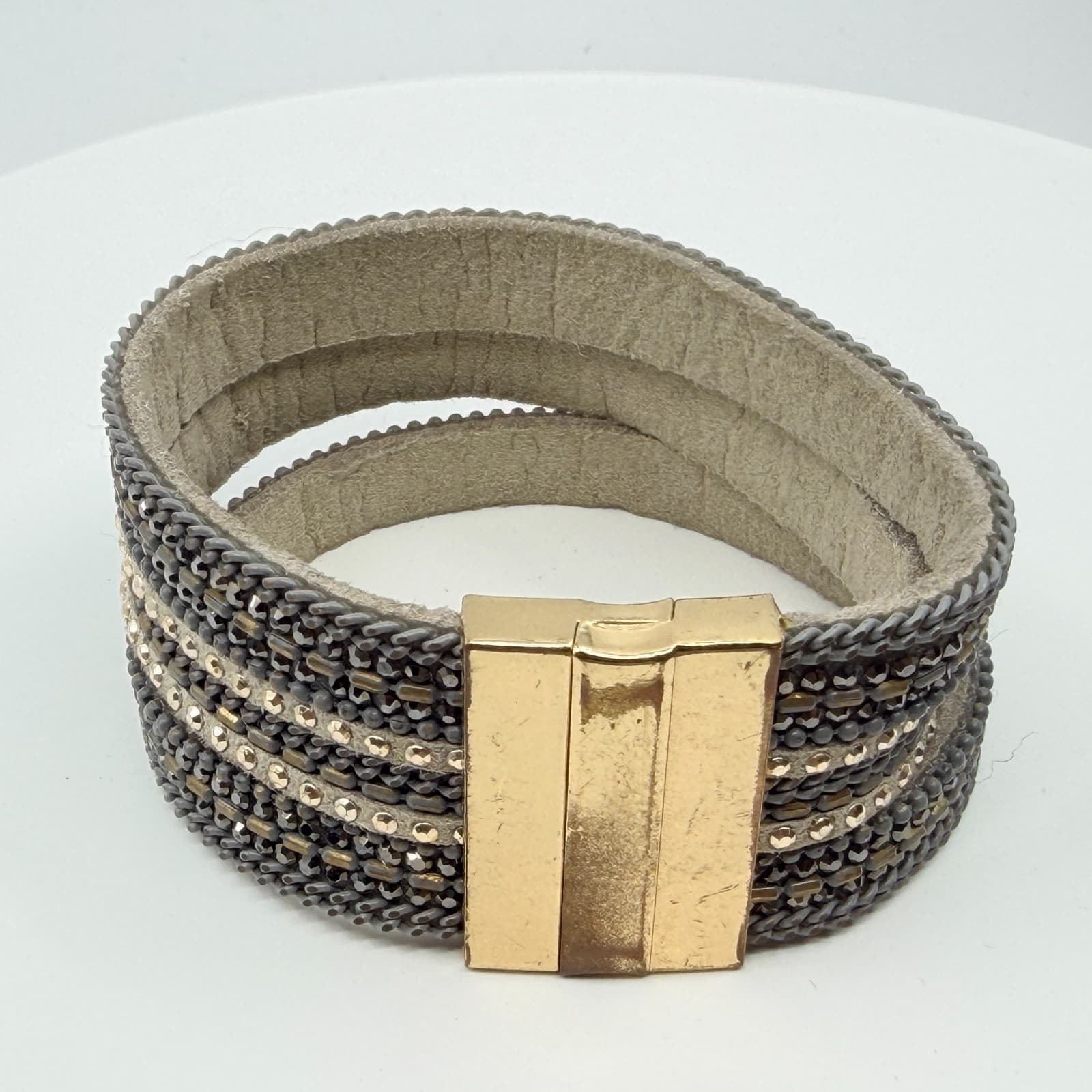 VTG Multi Strand Leather Cuff Bracelet Rhinestone Magnetic Clasp Gray Gold Tone - Thumbnail 6
