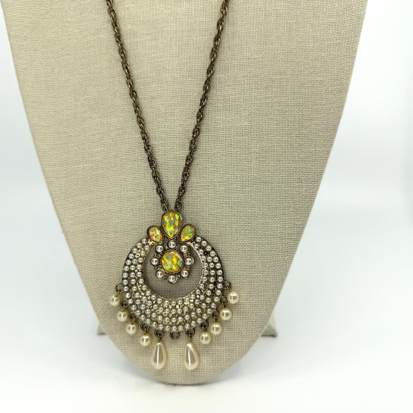 Vintage Antique Brass Tone Chandelier Necklace Faux Pearl Opal Color Statement