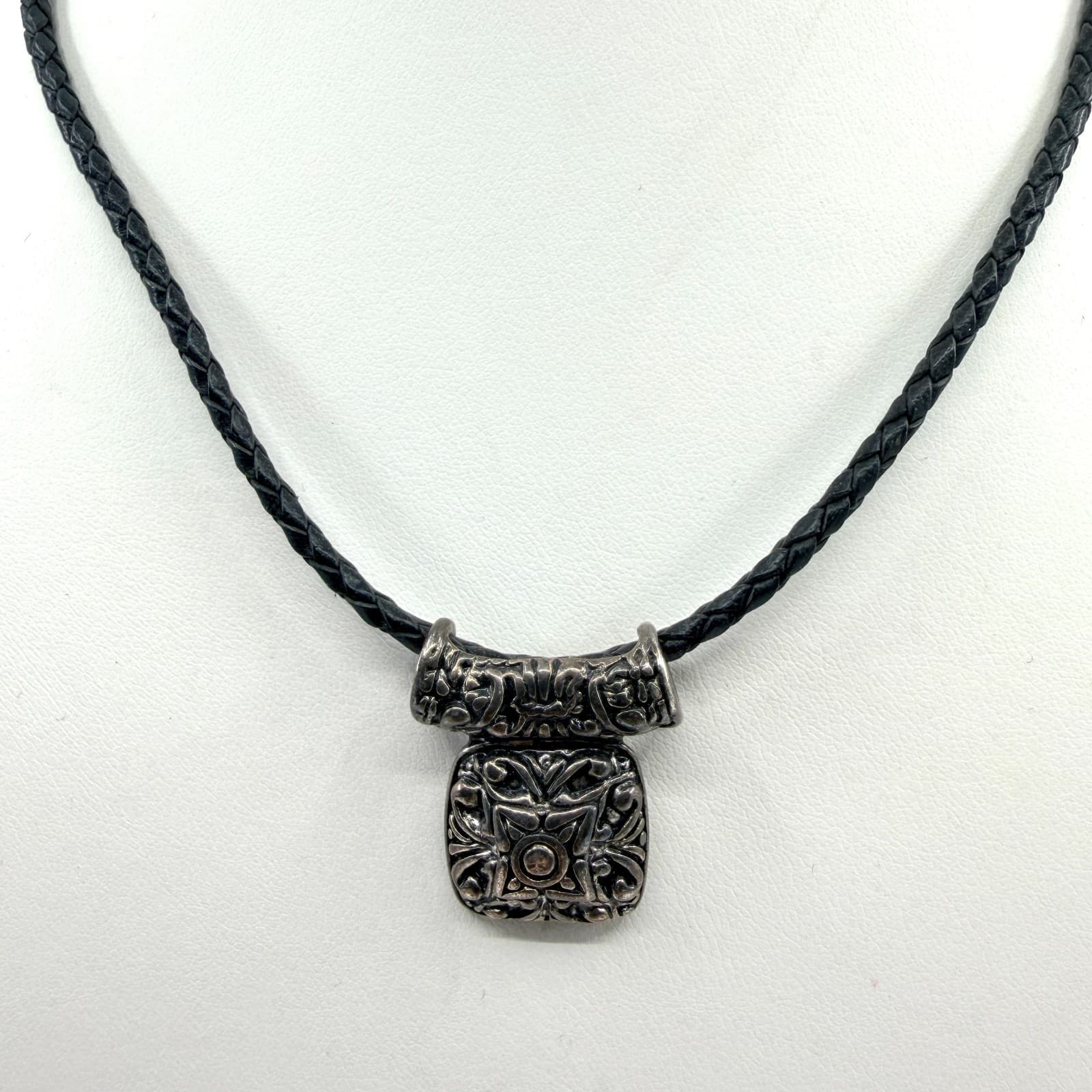 VTG Silver Tone Scroll Pendant Necklace Black Braided Leather Cord Celtic Gothic