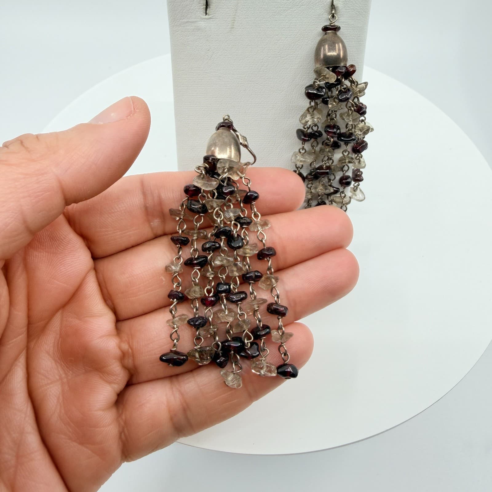 Vintage Silver Tone Chandelier Tassel Earrings Garnet Color Smoky Chip Dangle - Thumbnail 7