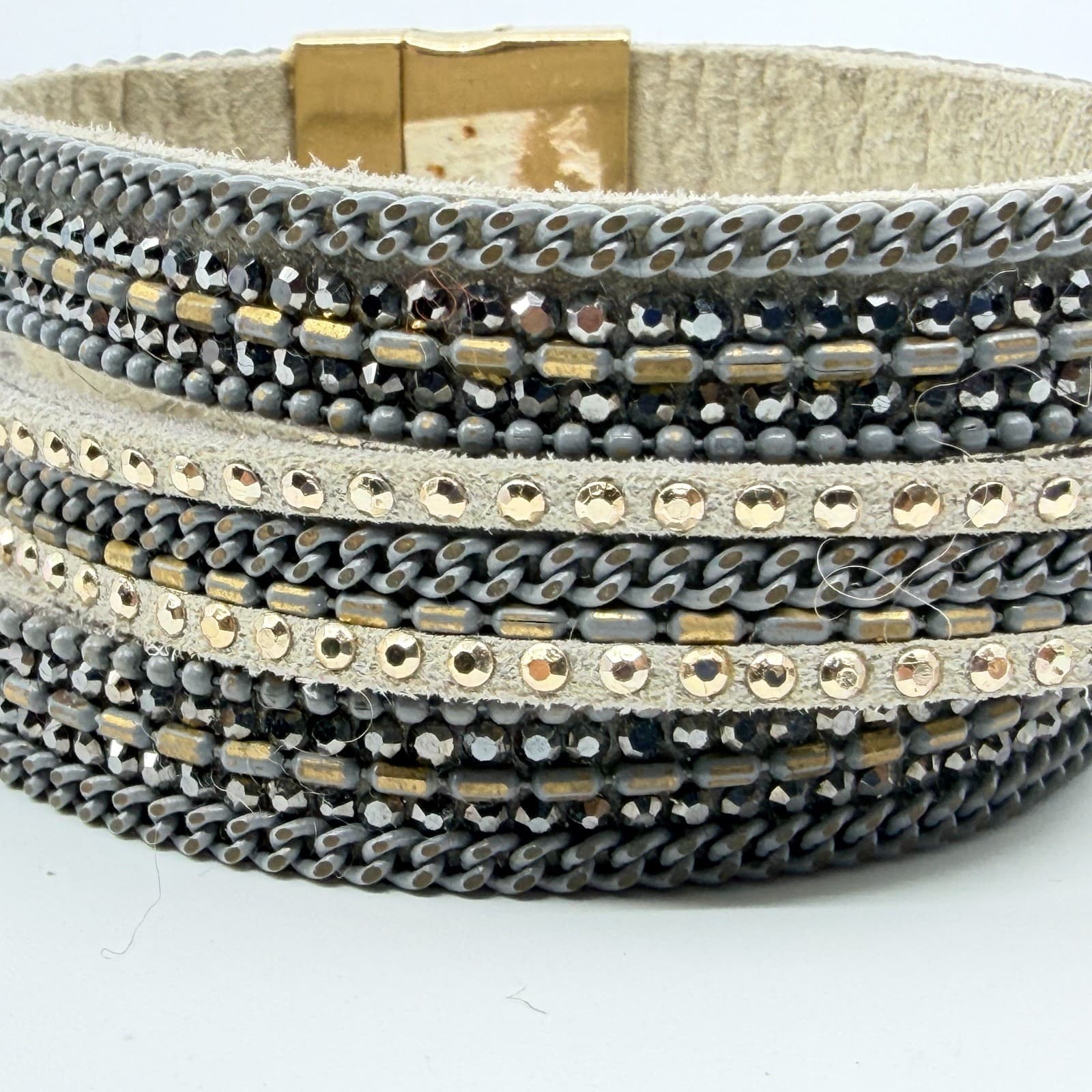 VTG Multi Strand Leather Cuff Bracelet Rhinestone Magnetic Clasp Gray Gold Tone - Thumbnail 10