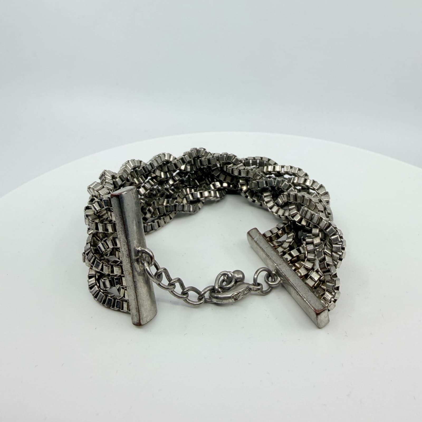 Vintage Y2K Silver Tone Multi Strand Braided Box Chain Chunky Statement Bracelet - Thumbnail 8