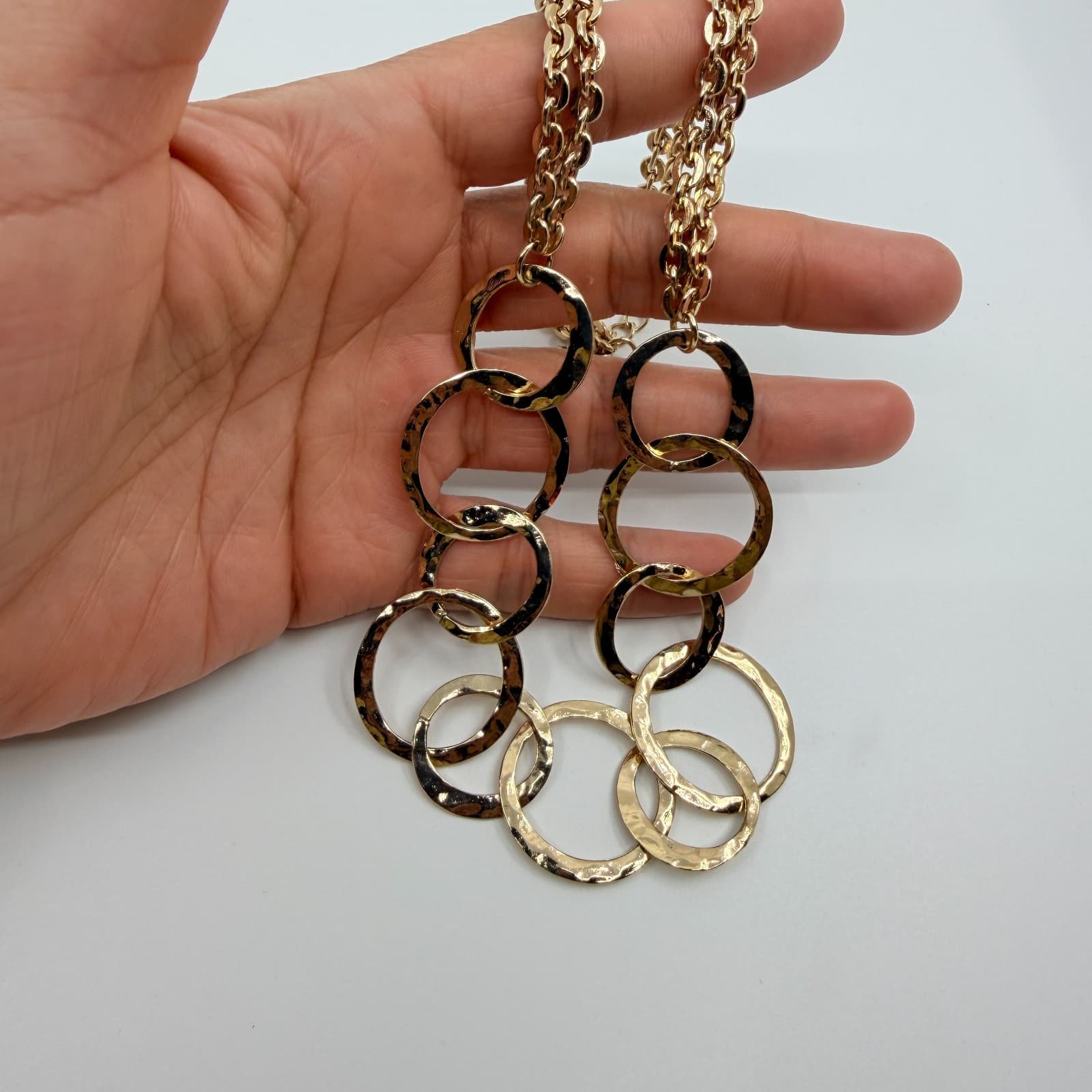 Vintage Gold Tone Link Chain Necklace Hammered Geometric Circle Ring Statement - Thumbnail 9