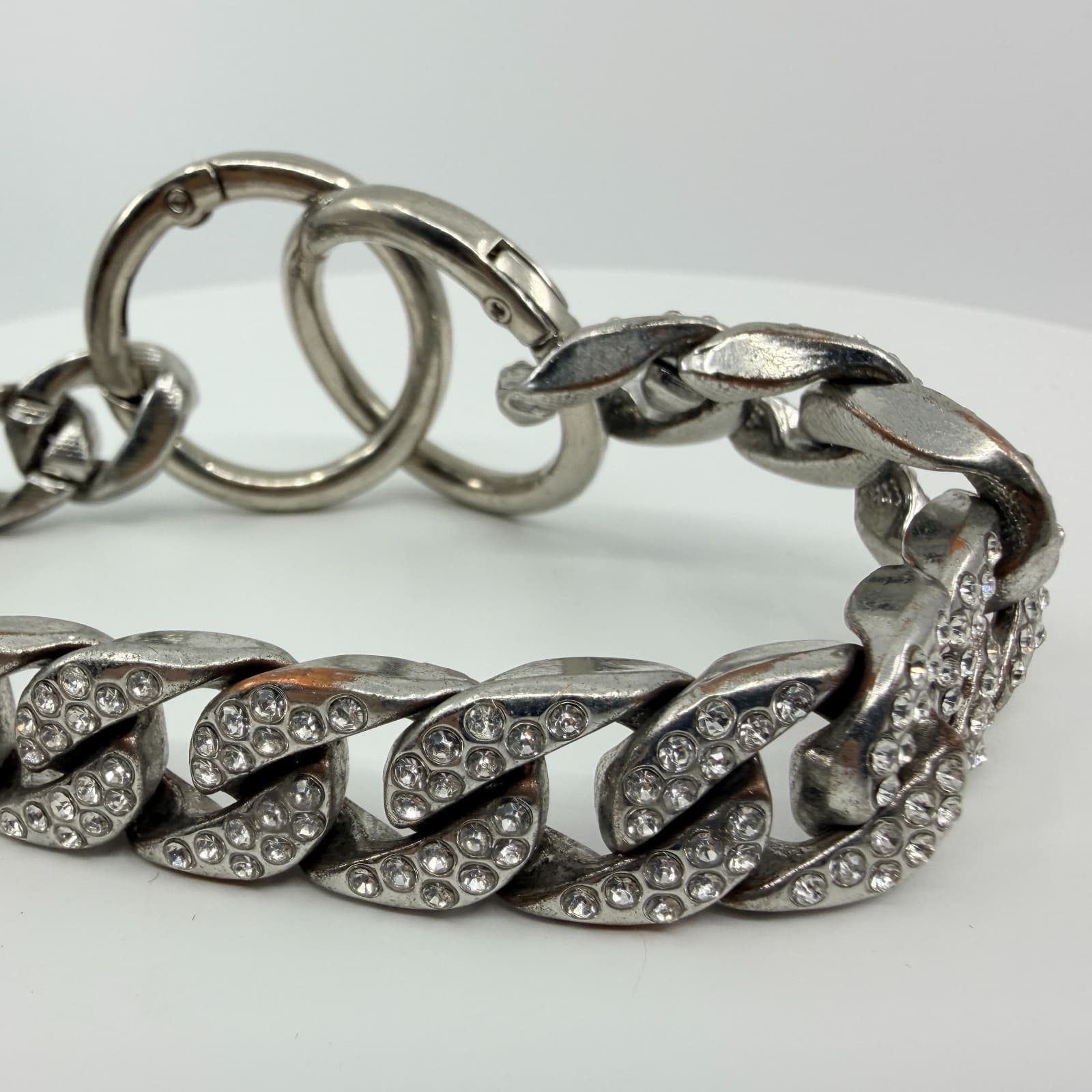 Vintage Silver Tone Chunky Curb Chain Bracelet Clear Rhinestone Pavé Link Y2K - Thumbnail 2