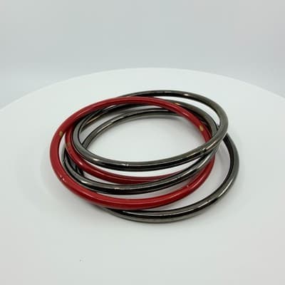 Vintage Gunmetal Red Enamel Bangle Bracelet Set Interlocking Stackable Retro 90S - Thumbnail 3