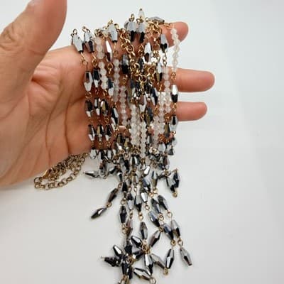 Vintage Silver Tone Cascading Bib Necklace Faceted Bicone Beads Statement Fringe - Thumbnail 8