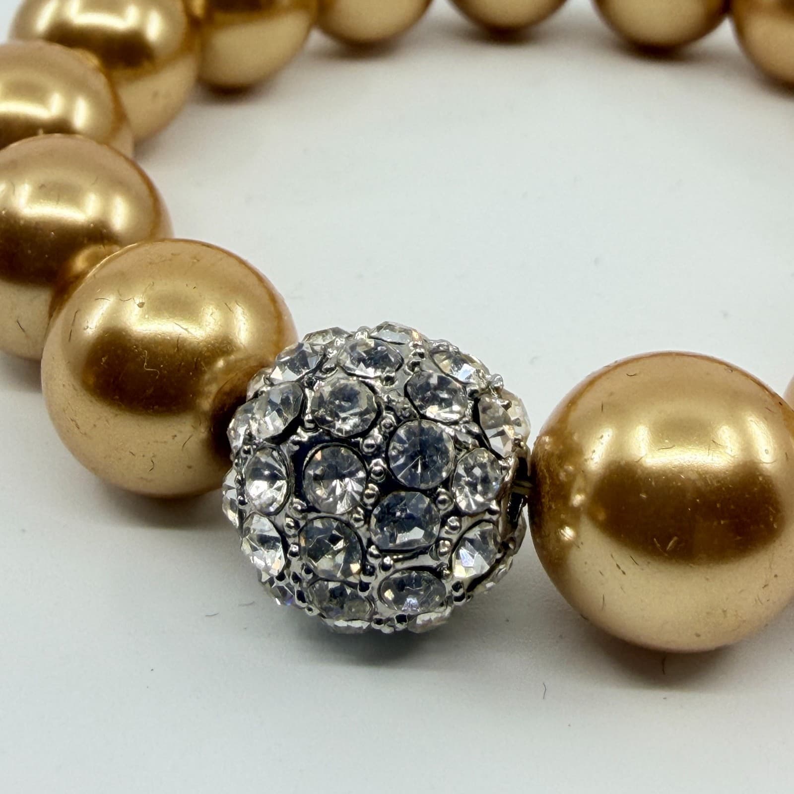 Vintage Gold Tone Faux Pearl Stretch Bracelet Rhinestone Disco Ball Bead Chunky - Thumbnail 3