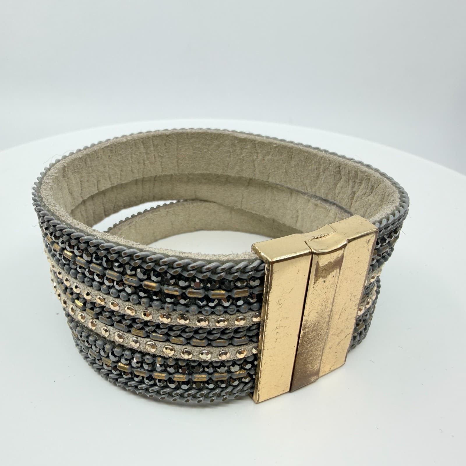 VTG Multi Strand Leather Cuff Bracelet Rhinestone Magnetic Clasp Gray Gold Tone