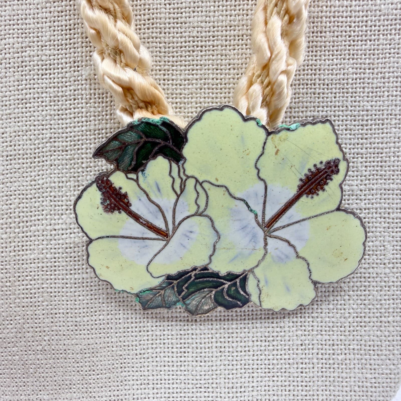 Vintage Cloisonne Enamel Flower Necklace Hibiscus Pendant Satin Silk Cord Boho - Thumbnail 4