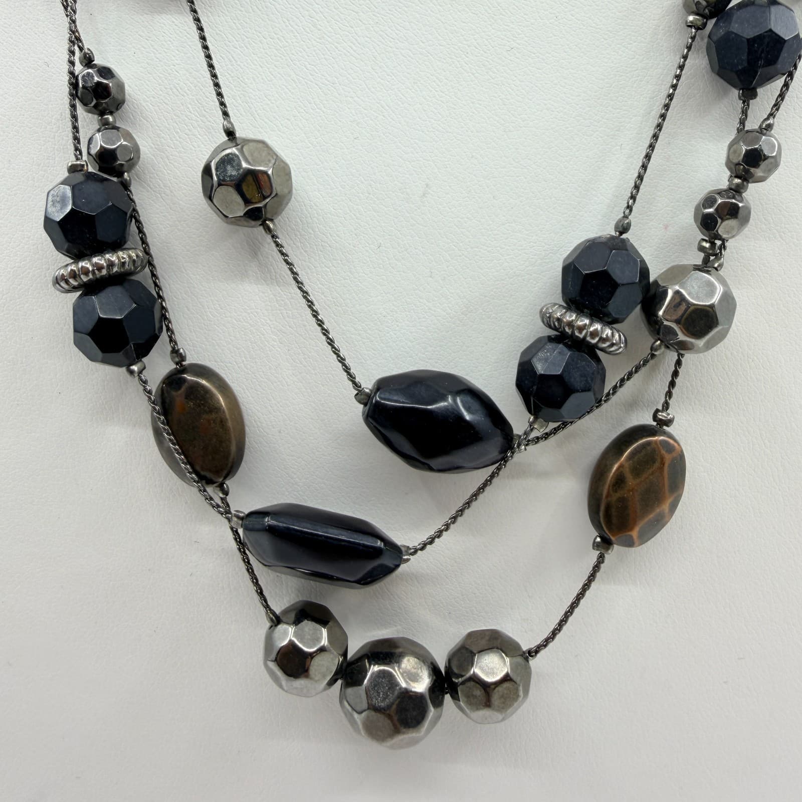Vintage Gunmetal Tone Layered Necklace Multi Strand Black Onyx Color Bead Boho - Thumbnail 2