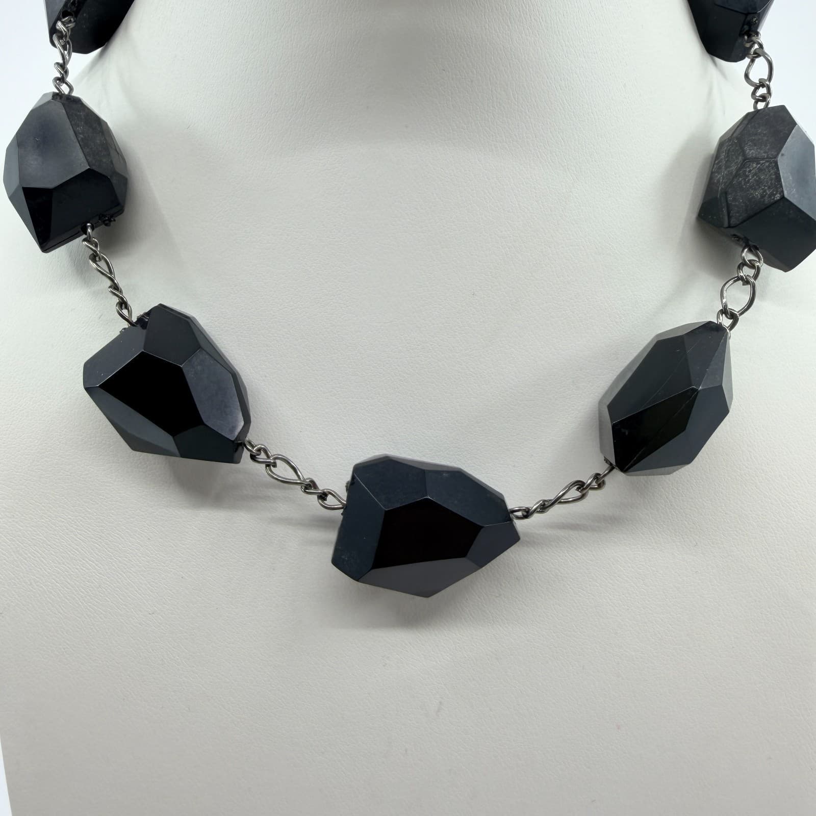 VTG Gunmetal Tone Black Onyx Color Necklace Faceted Chunky Nugget Bead Statement - Thumbnail 3