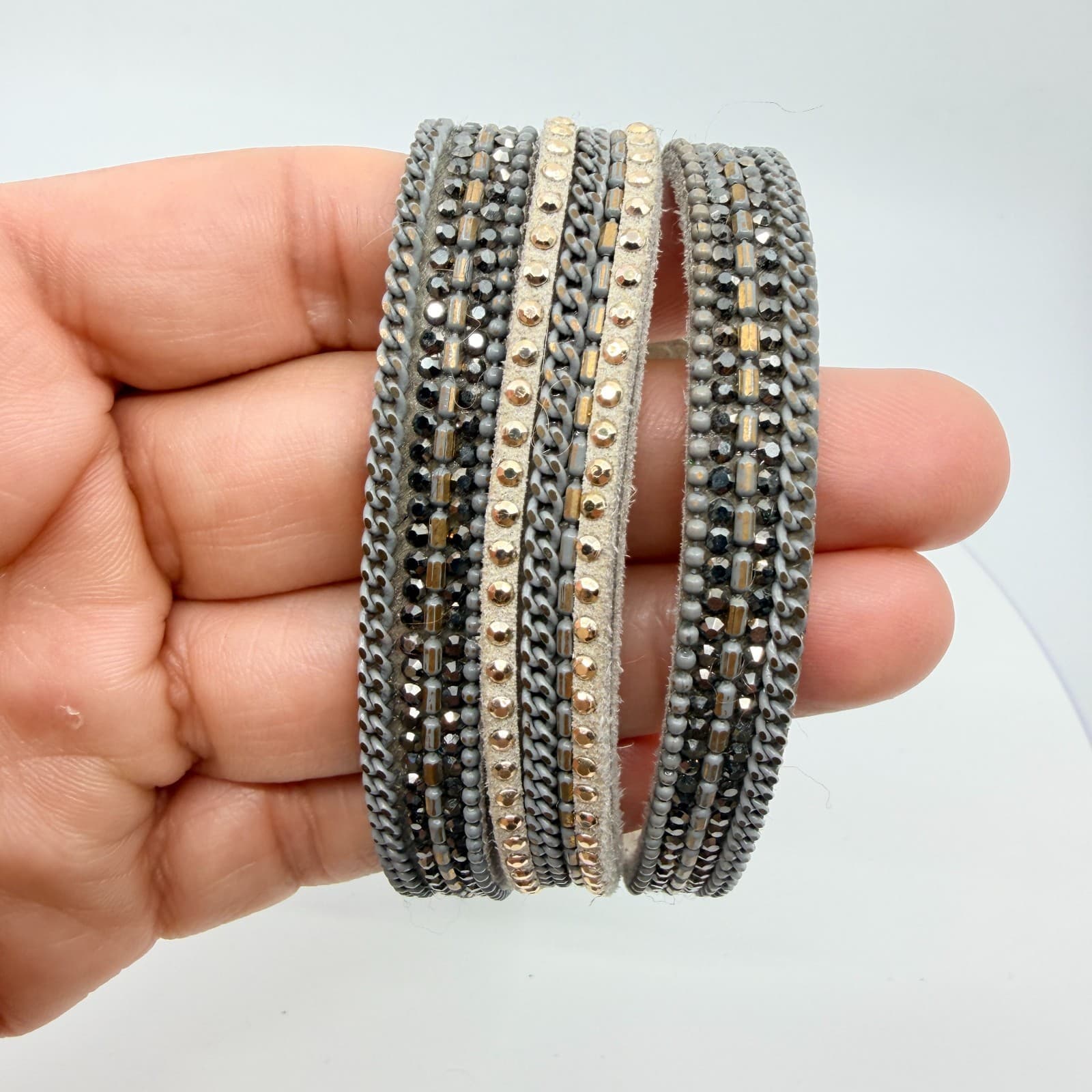 VTG Multi Strand Leather Cuff Bracelet Rhinestone Magnetic Clasp Gray Gold Tone - Thumbnail 11