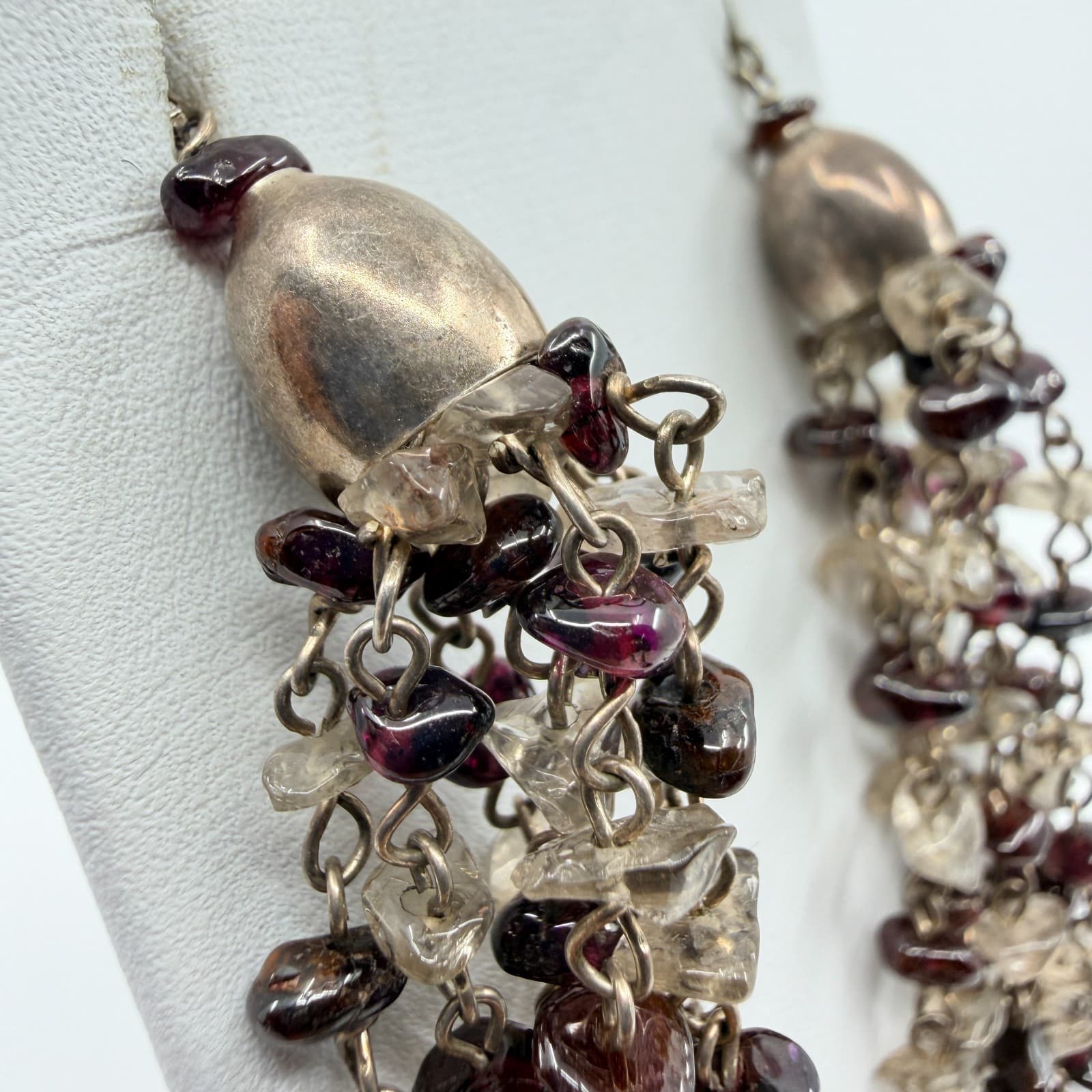 Vintage Silver Tone Chandelier Tassel Earrings Garnet Color Smoky Chip Dangle - Thumbnail 6