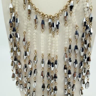 Vintage Silver Tone Cascading Bib Necklace Faceted Bicone Beads Statement Fringe - Thumbnail 3