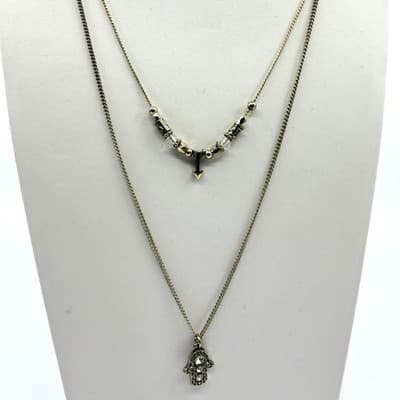 Vintage Gold Tone Layered Chain Necklace Hamsa Hand Arrow Pendant Rhinestone Y2K