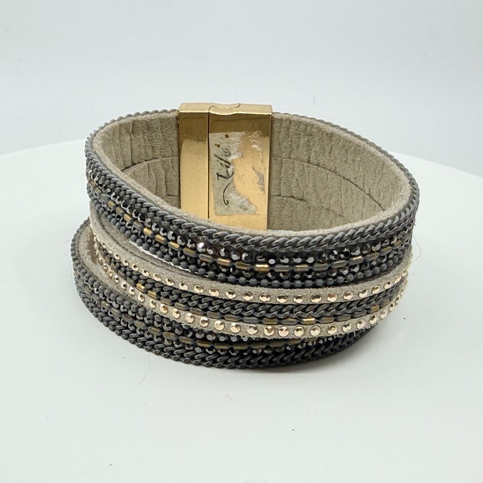 VTG Multi Strand Leather Cuff Bracelet Rhinestone Magnetic Clasp Gray Gold Tone - Thumbnail 9