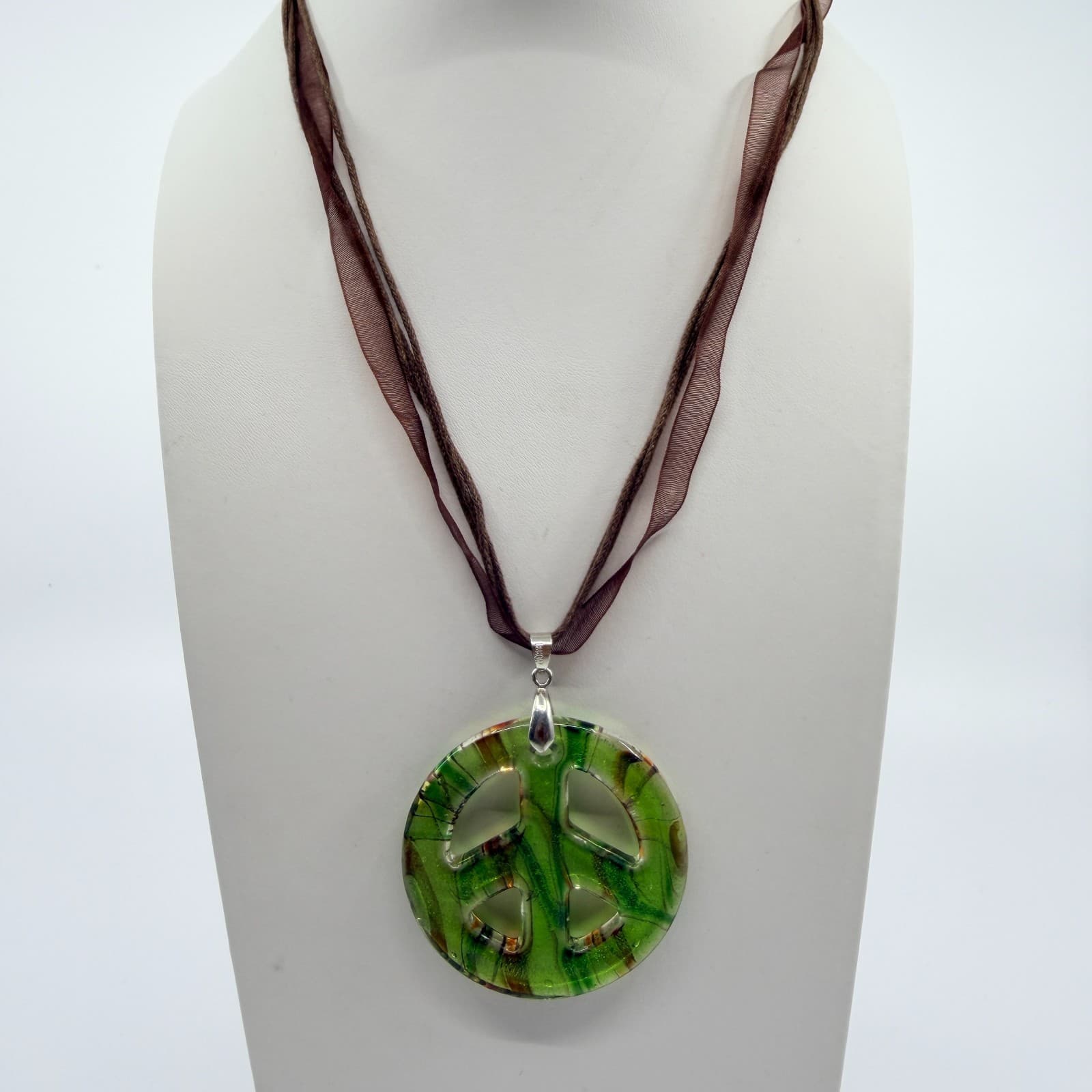 Vintage Green Art Glass Peace Sign Necklace Dichroic Pendant Ribbon Cord Boho - Thumbnail 3