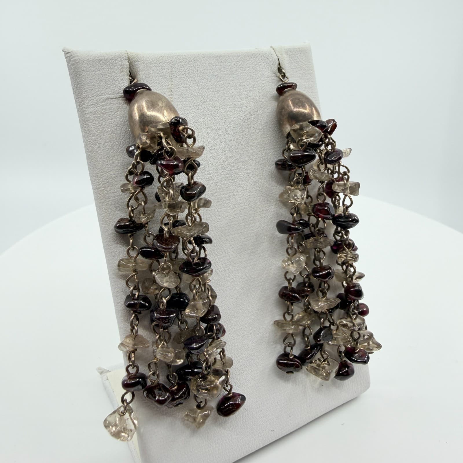 Vintage Silver Tone Chandelier Tassel Earrings Garnet Color Smoky Chip Dangle - Thumbnail 2