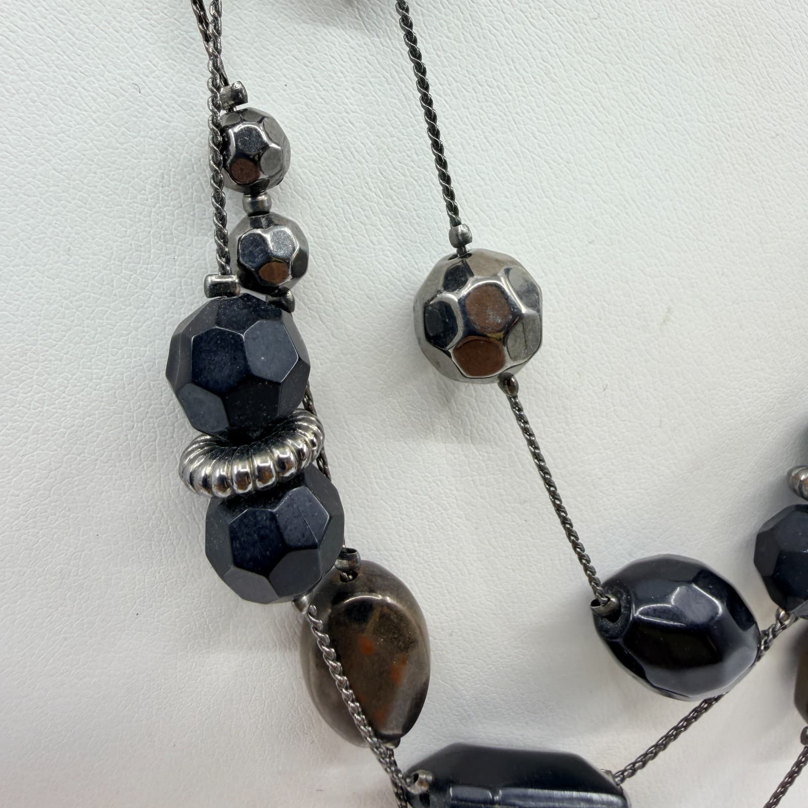 Vintage Gunmetal Tone Layered Necklace Multi Strand Black Onyx Color Bead Boho - Thumbnail 3