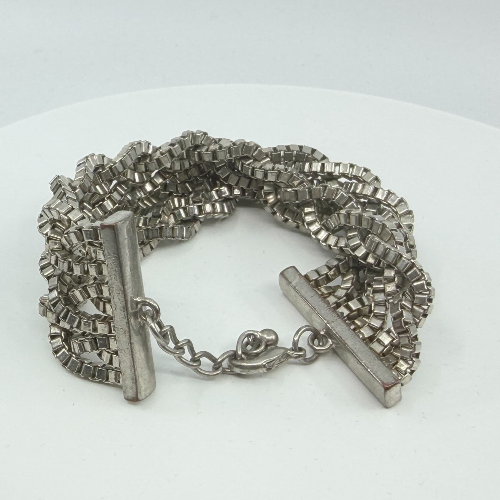 Vintage Y2K Silver Tone Multi Strand Braided Box Chain Chunky Statement Bracelet - Thumbnail 7