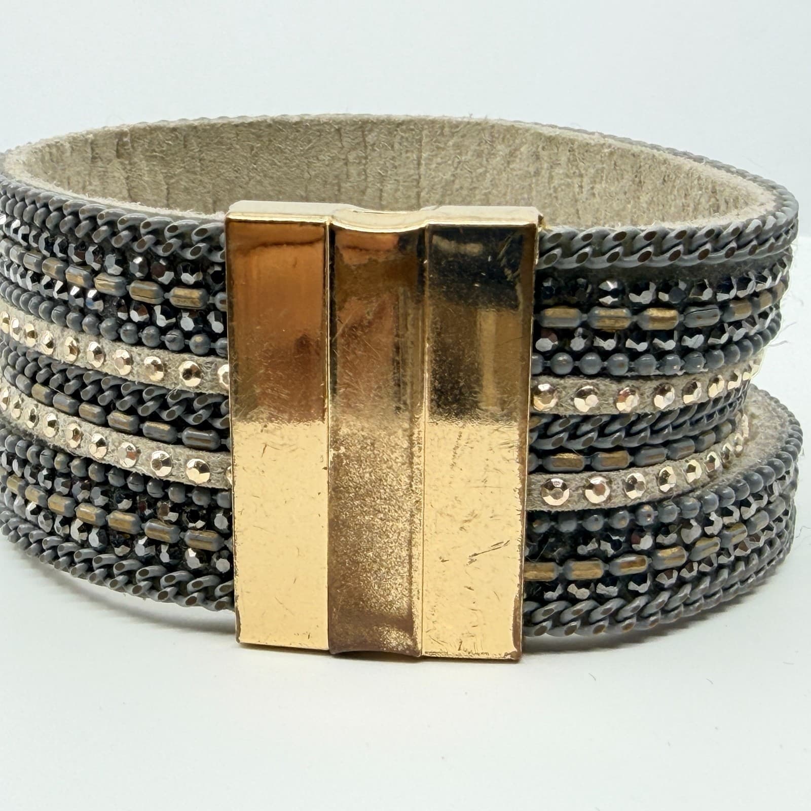 VTG Multi Strand Leather Cuff Bracelet Rhinestone Magnetic Clasp Gray Gold Tone - Thumbnail 4