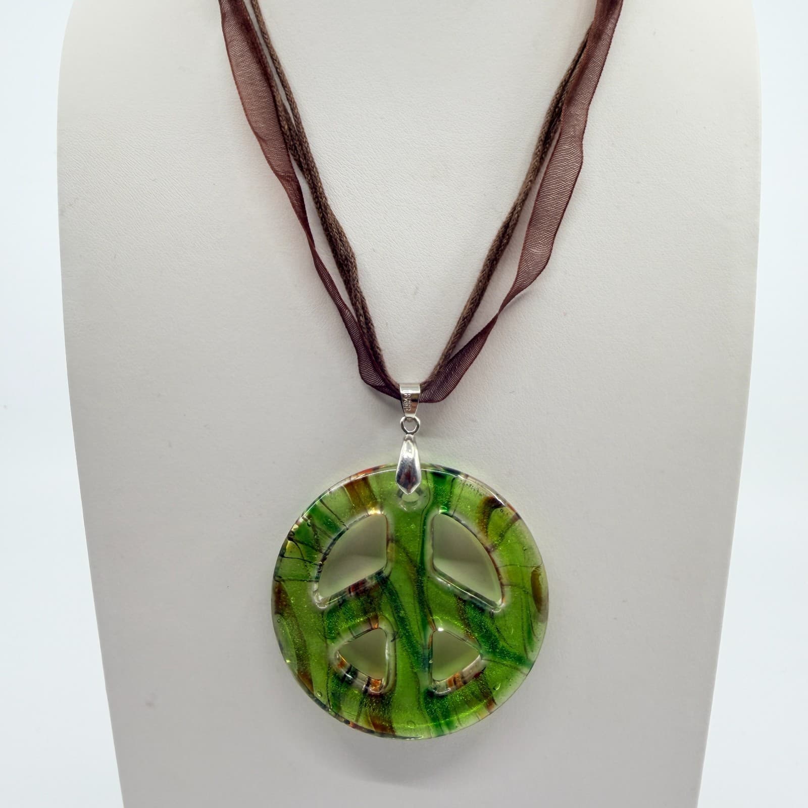 Vintage Green Art Glass Peace Sign Necklace Dichroic Pendant Ribbon Cord Boho - Thumbnail 2