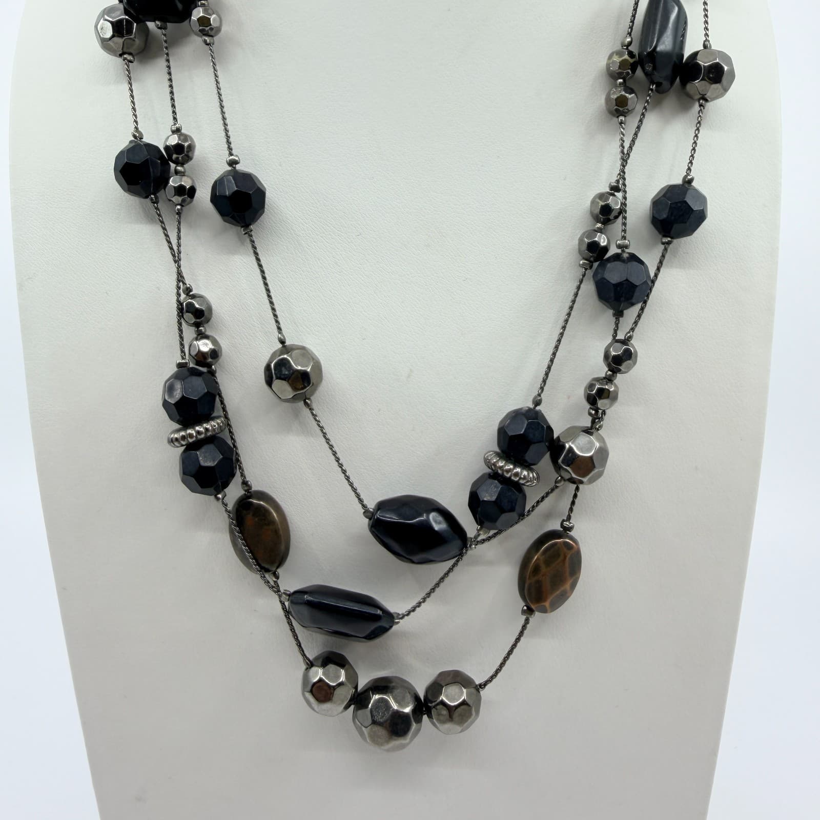 Vintage Gunmetal Tone Layered Necklace Multi Strand Black Onyx Color Bead Boho - Thumbnail 5