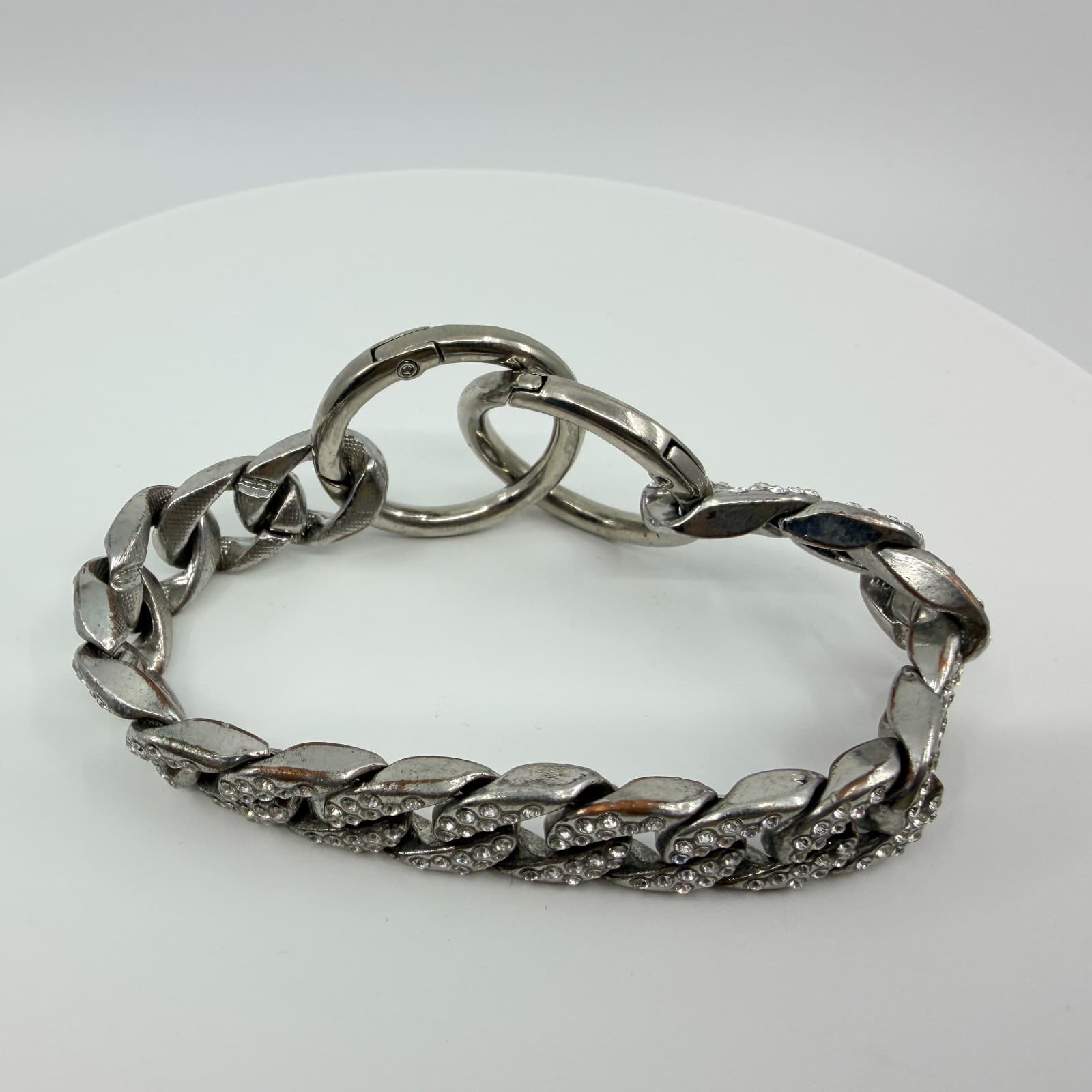 Vintage Silver Tone Chunky Curb Chain Bracelet Clear Rhinestone Pavé Link Y2K - Thumbnail 4