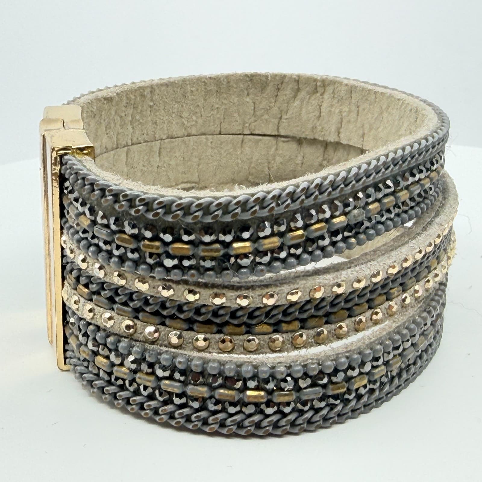 VTG Multi Strand Leather Cuff Bracelet Rhinestone Magnetic Clasp Gray Gold Tone - Thumbnail 7