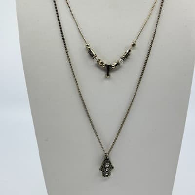 Vintage Gold Tone Layered Chain Necklace Hamsa Hand Arrow Pendant Rhinestone Y2K - Thumbnail 3