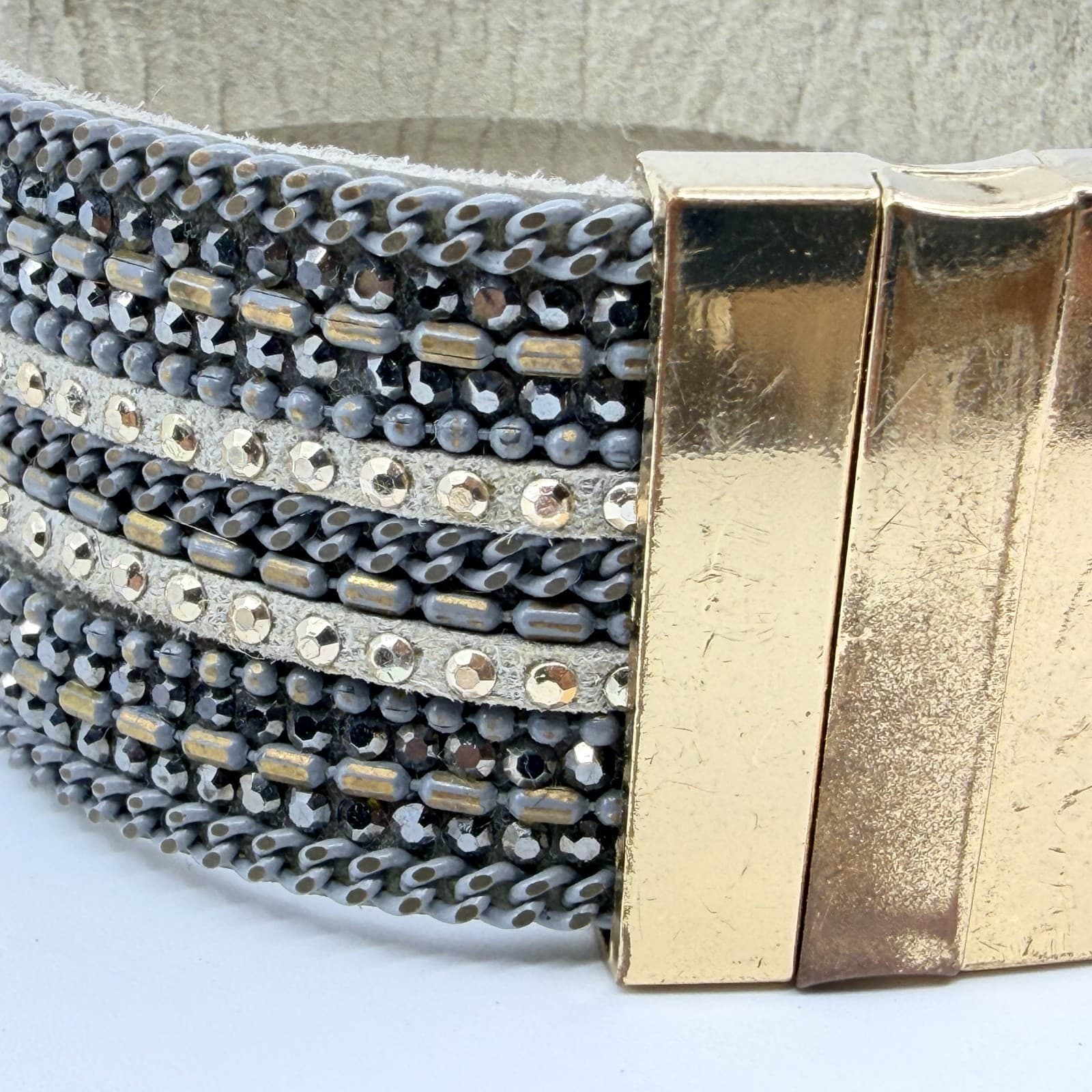 VTG Multi Strand Leather Cuff Bracelet Rhinestone Magnetic Clasp Gray Gold Tone - Thumbnail 5